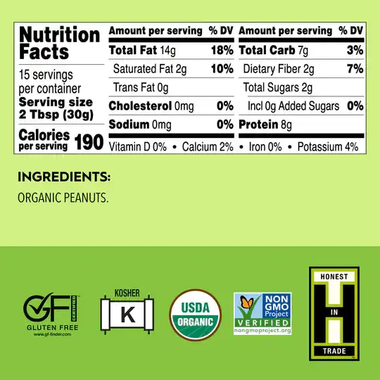 Premium Quality 16 oz. Organic Peanut Butter - Smooth - No Salt - By The Pound Gluten-Free Peanut Butter Bulk
