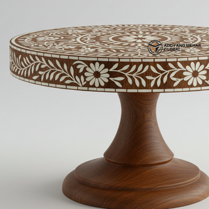 Support à gâteau rond en bois avec incrustations d'os, fait à la main, écologique, avec un savoir-faire classique et des détails floraux - Product Image 3