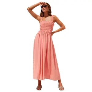 Casual Dresses Summer Sexy Long Dress Women Fashion Backless Sleeveless Big Hem Holiday Beach Pink A-line