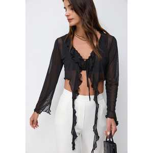 Blouse décontractée d'automne avec logo brodé, décoration en dentelle sur le devant, polyester, coupe classique, pour les fêtes - Product Image 2