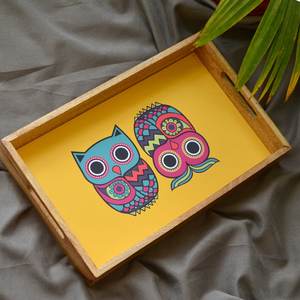 Ensemble de deux plateaux carrés en bois MDF classiques faits à la main avec un motif imprimé en émail - Vaisselle multifonctionnelle pour aliments et boissons - Product Image 2