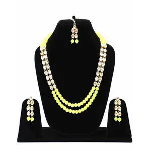 24K Gold Plated Kundan Long Necklace Set Vintage Style Bridal and Party Fine Jewelry with Zircon <b>Yellow</b> - Product Image 1