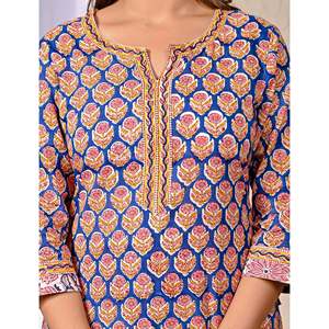 Blue <b>Block</b> <b>Printed</b> Anarkali Kurta Pant Set Indian Ethnic Style with Embroidery Work for Party Wear Made From Net Cotton - Product Image 2
