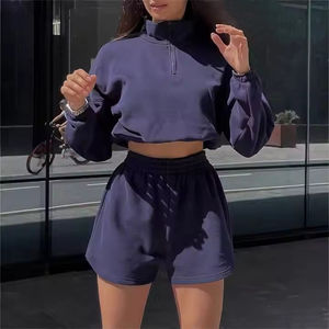 RAM Industry 2025 Collection été Ensemble short à capuche décontracté pour femme Manches longues Demi-col haut avec fermeture éclair Ensemble deux pièces - Product Image 1