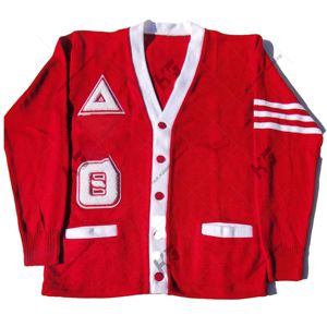 DST <b>Red</b> <b>cardigan</b> with white trims acrylic knitted <b>cardigan</b> for sororities and fraternities greek <b>cardigan</b> - Product Image 1