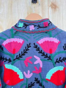 Abrigo Corto de Algodón Tejido Vintage Azul Oscuro, Estilo Sari Kantha, Floral, Bordado a Mano, Doble Botonadura, Estampado a Mano, Relleno - Product Image 3