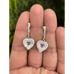 925 Silver Heart Shape Rose Quartz <b>Earrings</b> Bezel Set with Diamond Gold Plated Drop and <b>Stud</b> for Wedding or Engagement - Product Image 1