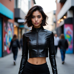 Chaquetas de cuero impresas personalizadas para mujer recortadas sublimación completa oveja lana Streetwear motocicleta Chaqueta corta de cuero de algodón - Product Image 5