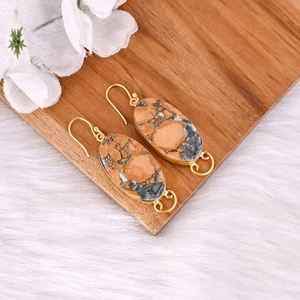 Handmade Classic Style Gold Plated Brass <b>Earring</b> Malinga Jasper Gemstone Dangle <b>Earring</b> <b>Long</b> Oval <b>Earring</b> Wholesale Manufacturer - Product Image 2