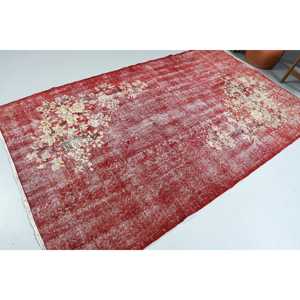 Vintage Rug, 4.9x8.4 ft Turkish Rug, <b>Red</b> White Camouflage <b>Wool</b> Rug - Product Image 2
