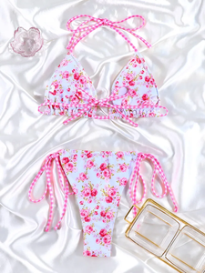 여성 패션 타이 사이드 트라이앵글 스트링 비키니 세트 섹시한 여성용 홀터 수영복 비치웨어 수영복 - Product Image 1