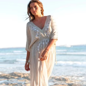 Robe Maxi pour femmes Ultimate Summer Look Airy avec broderie en lurex Taille élastique Boho Beach Style Casual Dress - Product Image 1