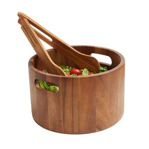 Bol à salade rond en bois en laiton AK avec pinces en couleur bois naturel bol de grande capacité pour restaurant et hôtel - Product Image 1