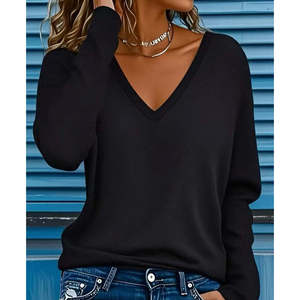 Blusa de viscosa de dos hilos con cuello en V y manga larga para mujer, 29975 - Negra - Product Image 1