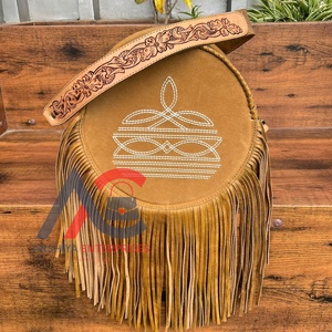 Popular Luxury Women's Boot Stitch Hand-Tooled Suede Leather Round Shoulder Bags Cowhide Circle Fringe Crossbody Trendy Handbags - Product Image 1