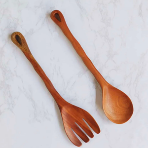 Servidores de ensalada de madera de acacia de alta calidad con asas onduladas, cuchara para servir, utensilios de cocina de Vietnam - Product Image 1