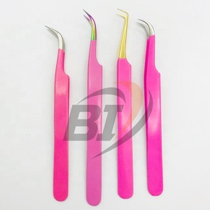 Pince à épiler d'extension de cils en acier inoxydable rose testée à la main avec logo personnalisé professionnel beauté durable pointe de volume incurvée forte - Product Image 6