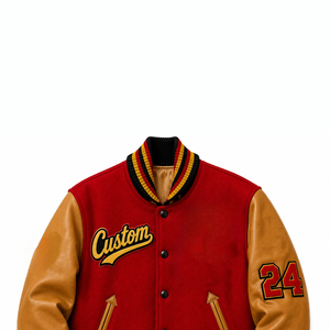 Veste universitaire unisexe JOXAI SPORTSWEAR rouge avec manches en similicuir marron, patch en chenille numéro 24, boutons pression, style collège - Product Image 3