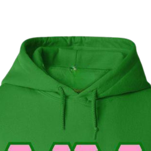 Sudadera con Capucha Personalizada AKA, Color Rosa Claro con Letras Griegas Verdes en Twill, Sudadera de Forro Polar para Hermandades - Product Image 5