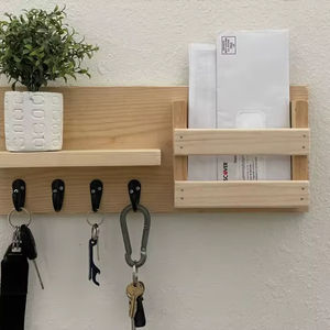 <b>Pine</b> wood wall organizer with a <b>shelf</b>, mail slot, and four hooks. Available at wholesale prices. - Product Image 1