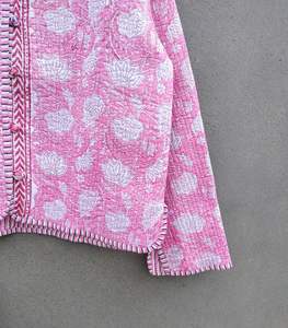 Indian Style Women's Casual Quilted Cotton Seamless Fusing <b>Hand</b> Block Printed Sky Blue Floral Winter Coat Woven <b>Washed</b> Technique - Product Image 4