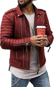 Veste en cuir pour homme Veste d'hiver en cuir style High Street avec col montant et fermeture à glissière - Product Image 4