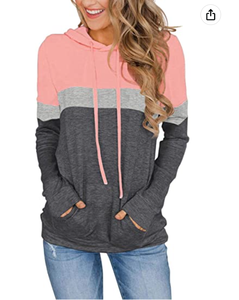 High Quality Custom Womens Casual Color Block Hoodies <b>Tops</b> <b>Long</b> <b>Sleeve</b> Drawstring Pullover Sweatshirts With Pocket - Product Image 1