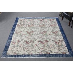 Alfombra de lana turca Vintage clásica Beige azul 6ft8in X 10ft1in alfombra de área hecha a mano diseño de retazos felpa pila altura respaldo de látex - Product Image 1