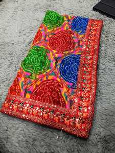 Sari en Georgette de Haute Qualité avec Bordure en Dentelle Lourde à Imprimé Leheriya Moderne et Élégant pour Fête Festival Traditionnel Indien - Product Image 3