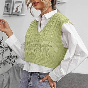 Custom OEM Winter V-Neck 100% Cotton Breathable Sleeveless Knit <b>Vest</b> Front Logo - Product Image 6