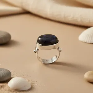 แหวนเงินแท้ 925 ทำมือสำหรับผู้หญิง ประดับพลอยสีน้ำเงินธรรมชาติทรงรี เครื่องประดับแพลตตินัม งานฝีมือประณีต - Product Image 2