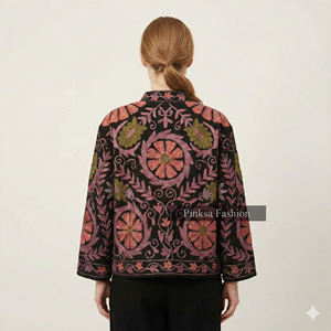 Bohemian Hand-Embroidered Suzani Winter Eco-Friendly Women Luxury Floral Pattern Ethnic Short <b>Coat</b> Vintage Style Black <b>Velvet</b> - Product Image 2