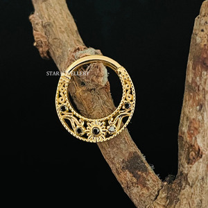 14K Solid Gold Natural <b>Black</b> Diamond Miligrain Daith Piercing Fine Jewelry. - Product Image 4