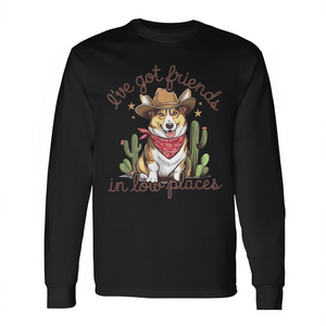 T-shirt vintage western a maniche lunghe con stampa 'I've Got Friends in Low Places' e design Corgi per uso promozionale - Product Image 2