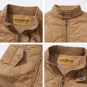 Veste bomber matelassée marron camel pour homme, légère, rembourrée, d'hiver, à coutures en losange, isolée, zippée, décontractée, côtelée - Product Image 3