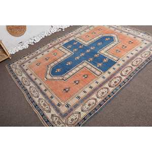 Alfombra turca clásica Vintage de 5,6x7,9 pies, diseño de retazos azul naranja, técnica de tejido plano de látex de lana de pila media ecológica - Product Image 2