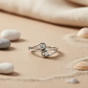 Anillo de Compromiso de Plata 925 con Dos Piedras y Diamante Redondo con Engaste de Puntas, Joyería Clásica para Mujer - Product Image 3