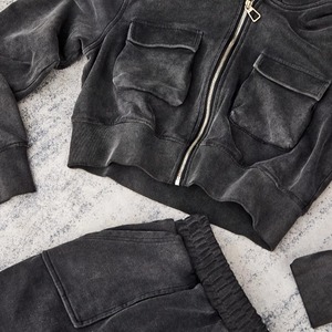 <b>Top</b> Quality Women's Crop Hoodie shorts Set Acid Wash Tracksuit Two Piece Set Cotton Fleece Hooded Long Sleeve Autumn Women's Set - Product Image 3