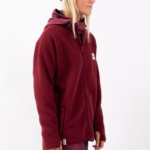 Veste à capuche en polaire bordeaux pour femme, fermeture éclair intégrale, manches longues, col montant, douce, chaude, vêtement d'extérieur décontracté, confortable, pour l'automne et l'hiver, avec capuche - Product Image 4