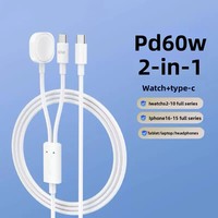 Kabel Pengisi Daya 3-in-1 USB-A ke Jam Tangan Magnetik dengan Fungsi Qi DC 5V 5W 27W 60W, Pengisian Cepat PD, Konduktor Tembaga Murni