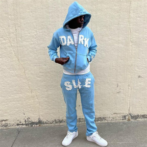 Custom Winter Casual Breathable Fleece Flare <b>Applique</b> Sweatpants Distressed Patchwork Hoodies Set Unisex Full Zip Tracksuit for - Product Image 3
