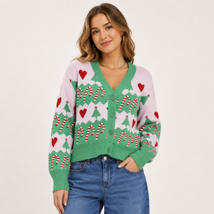 Cardigan natalizio da <span class=keywords><strong>donna</strong></span> in maglia jacquard con scollo a V, motivo a bastoncino di zucchero, albero e cuore, a maniche lunghe, corto, per le feste - Product Image 2