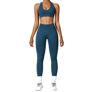 Ensembles d'entraînement côtelés à col en O pour femmes, vêtements d'entraînement de gymnastique sans couture, ensemble de yoga et soutien-gorge de sport, leggings et pantalons de yoga, ensemble de 2 pièces - Product Image 3