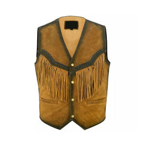 Fringed & Beaded Hand Made Work with Bones Western Cowboy American Men Genuine <b>Brown</b> Top Quality Leather <b>Vests</b> Waistcoat for Men - Product Image 4
