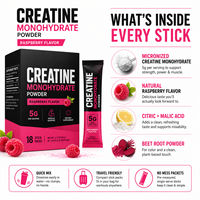Poudre de créatine en complément alimentaire 5g Créatine monohydrate, Bétaïne anhydre 1000mg, Taurine 500mg, Saveur framboise, 18 sticks