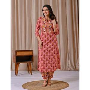 Casual <b>Peach</b> Butta Block Printed Straight Kurta Set Spring/Summer Three-Quarter Sleeve Afghani <b>Top</b> - Product Image 4