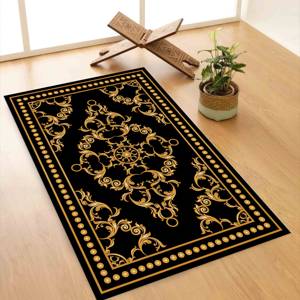 พรมละหมาดลายบาโรกสีทอง: พรมพิมพ์ลายศาสนาอิสลามสีดำ พร้อมพรมขนนุ่ม - Product Image 5