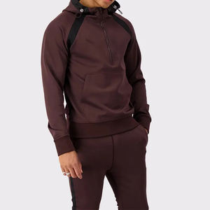 Survêtement de luxe pour homme, couleur marron, sweat-shirt à demi-zip à capuche, pantalon de jogging fuselé, vêtements de sport en molleton technique personnalisé, survêtement pour homme à prix bas - Product Image 2