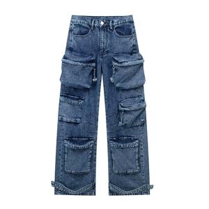 OEM Fabricante Multi Bolsillo Cintura Alta Streetwear Baggy Denim Ladies Long Wide Cargo Pant for Women Jeans - Product Image 1