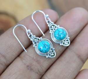 Boucles d'oreilles pendantes en argent sterling 925 plaqué or, turquoise bleue, faites à la main, avec pierres précieuses, mignonnes, pour femmes, cadeau de fête - Product Image 6